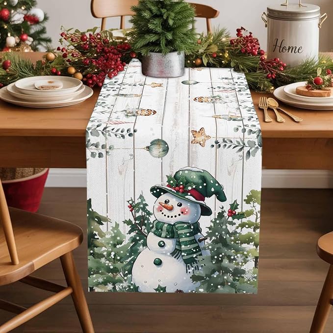 Christmas Snowman Table Runner 60 Inches Long, Xmas Trees Eucalyptus Leaves - Image 2