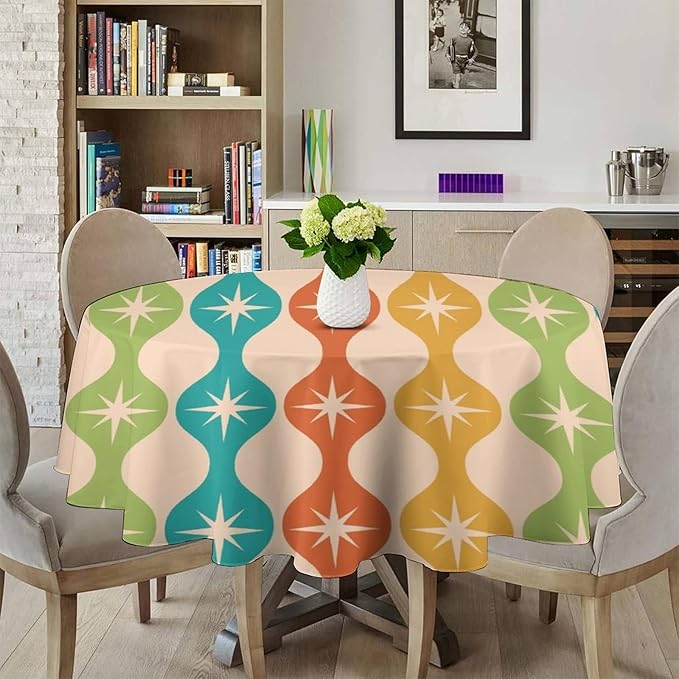 Mid Century Modern Round Tablecloth, Vintage Abstract Colorful Geometric Tablecloth for Home Party Dining Room Kitchen Decor 60Inch(152cm)