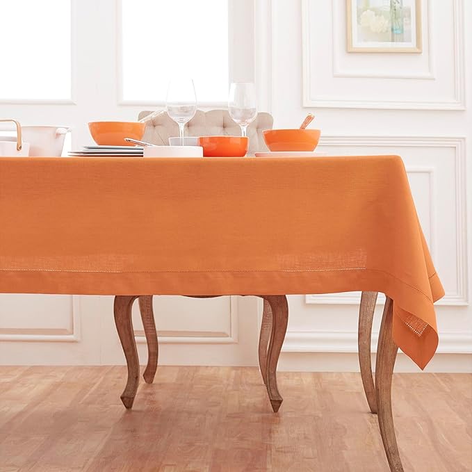 Solino Home Pumpkin Linen Tablecloth 60 x 120 Inch - Classic Hemstitch, 100% Pure Linen Rectangular Tablecloth - Machine Washable Table Cloth