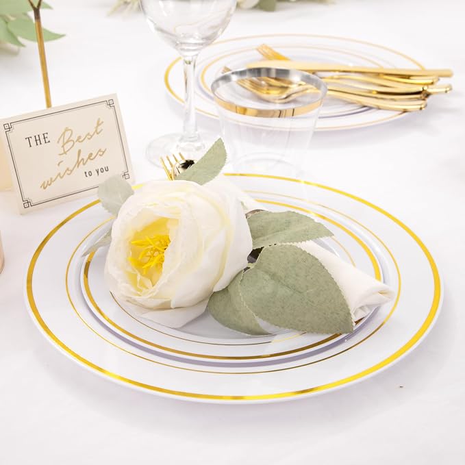 WELLIFE 210 Piece Gold Plastic Dinnerware Set, Include: 30 Dinner Plates - Image 5