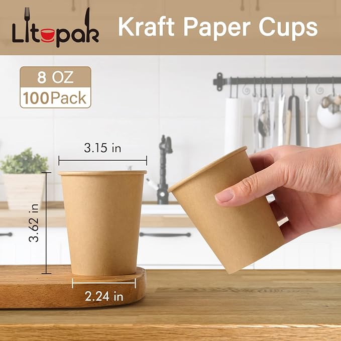 LITOPAK 100 Pack 8 oz Kraft Paper Coffee Cups, Disposable Coffee Cups 8 oz | - Image 2