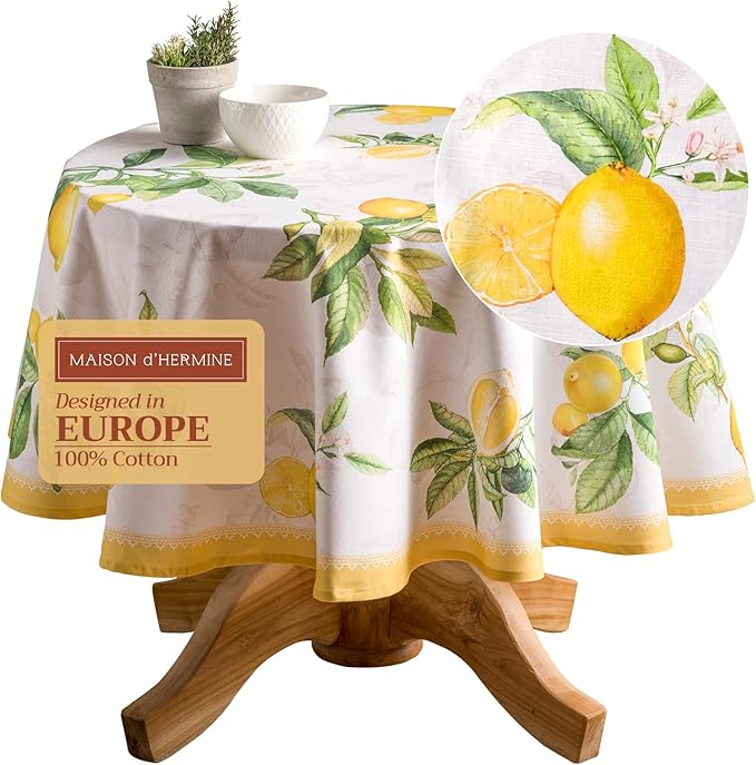 Maison d' Hermine Table Cloth Round Table 100% Cotton 69 Round Inches Tablecloth Reusable Decorative for Dining Room Farmhouse Home Valentines Day Decorations Spring Summer - Limoncello