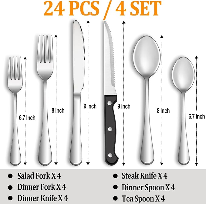 24 Pcs Silverware Set with Steak Knives - Image 2