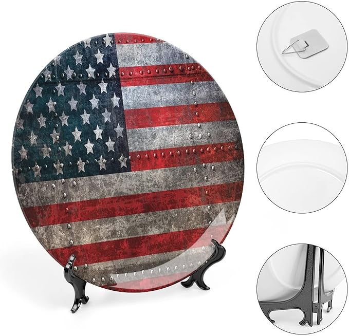 Decorative Plates, American Flag Print Ornament, US Flag Plate, 10 Inch, 1 Plate with 1 Display Stand, Multicolor