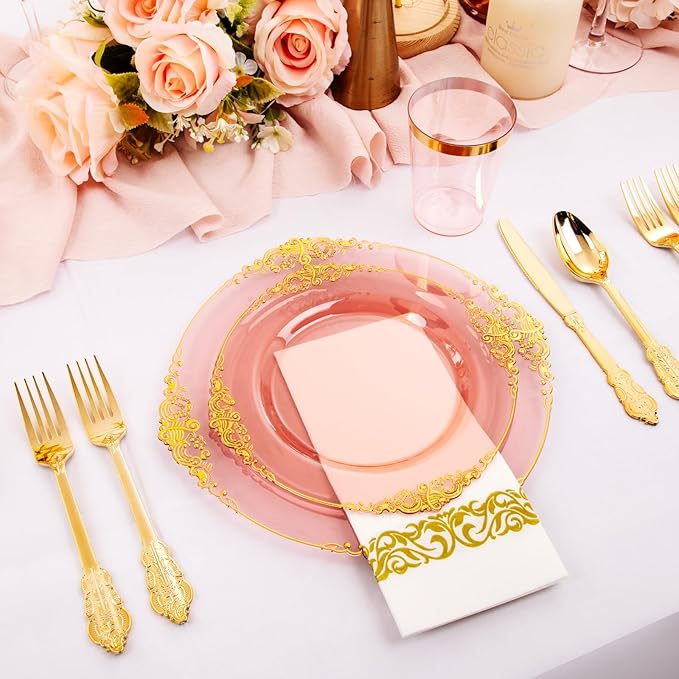 Hioasis 175pcs Burgundy and Gold Plates - Burgundy Party Plates for 25 Guest, Include 50 Heavy-duty Plates(20% Thicker Than Standard), 75 Cutlery Set, 25 Napkin, 25 Cups