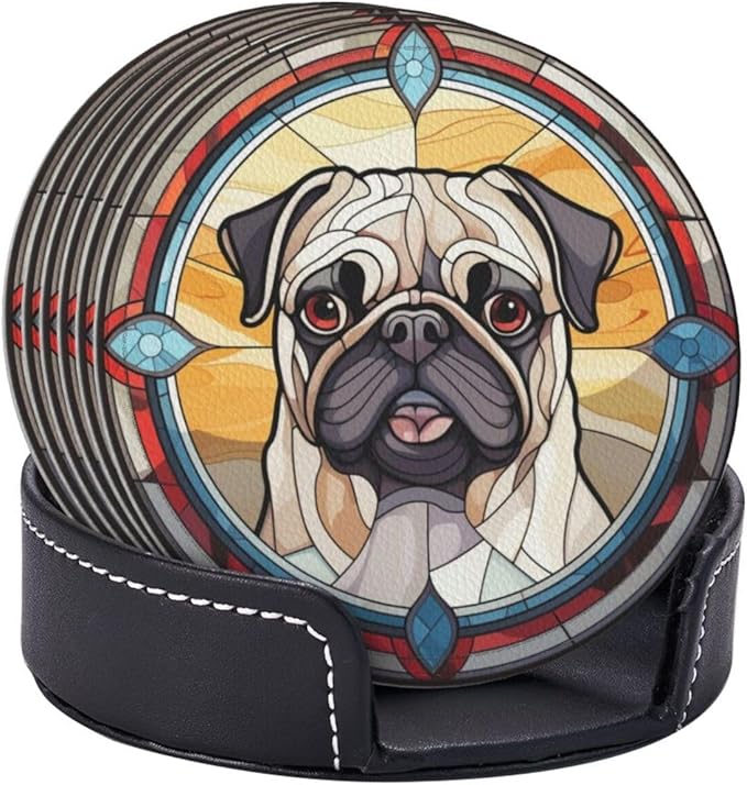 Drink Coaster Set of 6, Pug Dog Mom Lover Gift,Leather Drink Coasters with Holder,6 Pack Cup/Bar/Drink Coasters for Table/Drinks/Coffee Protection Housewarming Gift
