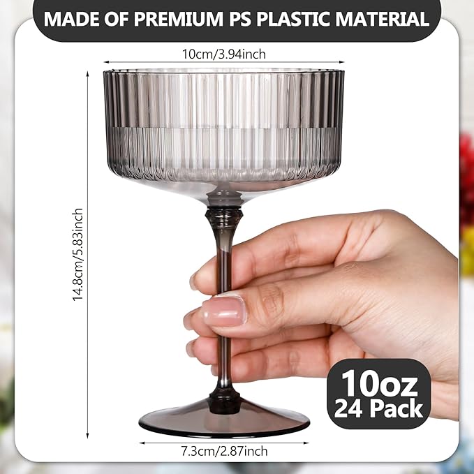 24 Pcs Ribbed Martini Glasses 10 oz Disposable Plastic Vintage Ribbed Coupe Glasses Unbreakable Dessert Parfait Glassware for Wedding Birthday Party Supplies (Black)