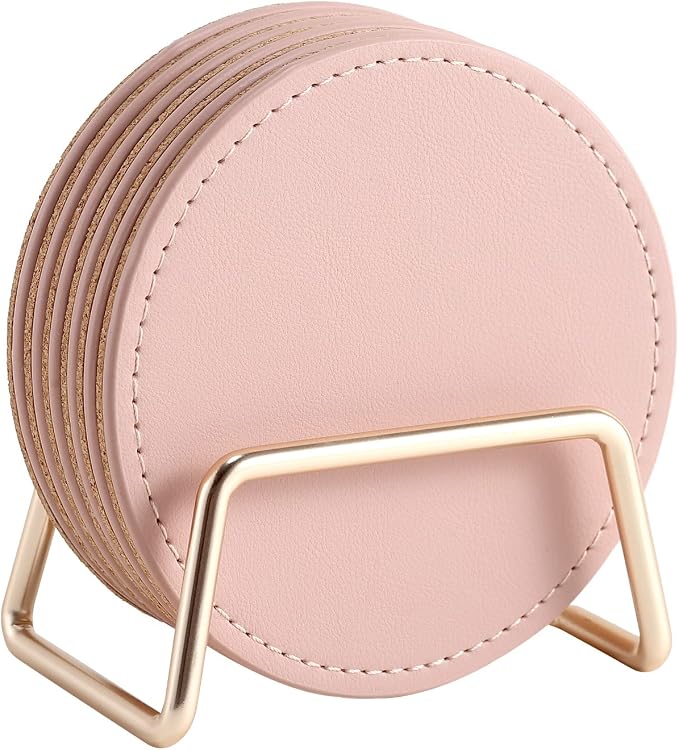 CASEGRACE Drink Coasters with Metal Holder Stand Set of 6, PU Leather Absorbent by Casegrace