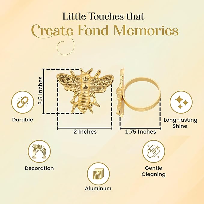 ALPHA Living HOME 12 Pcs Decorative Bee Napkin Rings - Metal Napkin Rings Table Decor Napkin Ring, Dining Cloth Napkin Holder, Farmhouse Napkin Ring, Modern Napkin Holders (Gold)