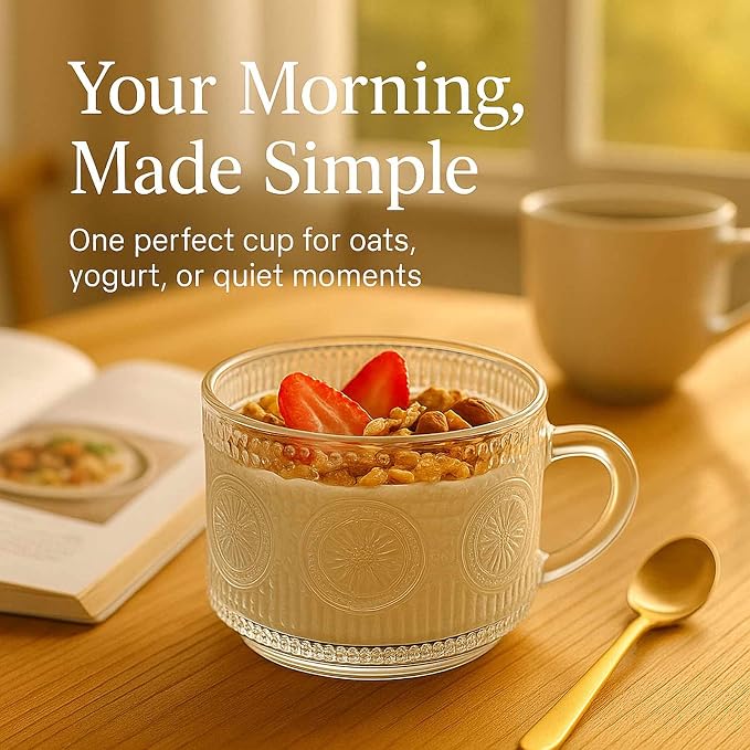 JBHO Vintage Glass 14OZ Coffee Mugs 4pcs Clear Embossed Glass Cups - Image 6
