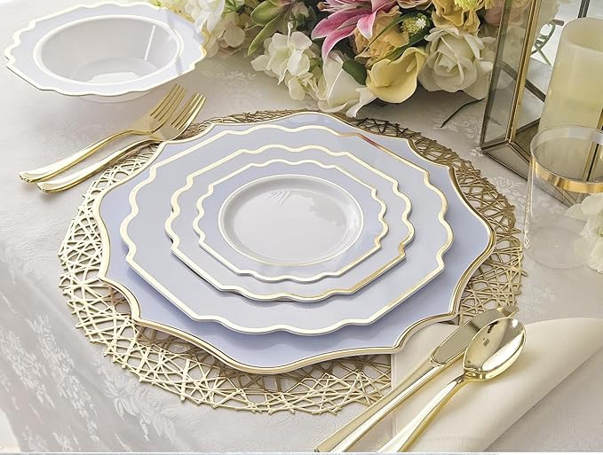 " OCCASIONS " 240 Plates Pack (120 Guests) Heavyweight Wedding Party Disposable Plastic Plates Set -120 x 10.5'' Dinner + 120 x 8'' Salad/Dessert Plate (Imperial in White/Blue & Gold)