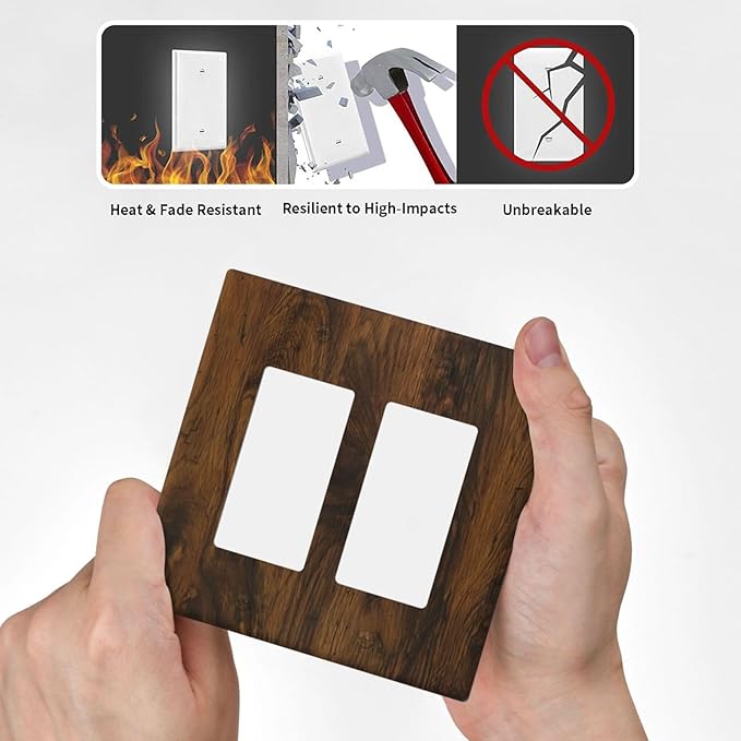 Outlet Covers Brown Rustic Wood Grain Vintage Wooden Texture 2 Gang Light Switch Cover Double Rocker Wall Plate Decorative GFCI Receptacle Electrical Switchplate for Cabin Bedroom Decor（2 Pack）