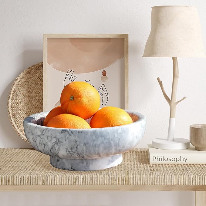 Natural Marble Fruit Bowl for Kitchen Counter, 10.2" Large Luxury Home Decorative Bowl, Modern Pedestal Key Organizer Bowl, 10 lb Heavy Solid Marble Decor for Centerpiece Entryway & Coffee Table