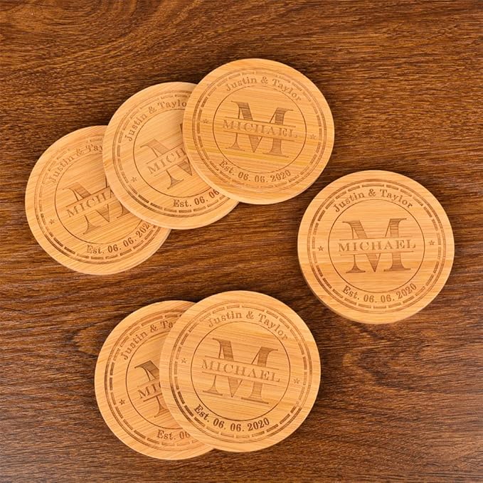 Personalized Coasters, Custom Engraved Coasters, Bamboo Coasters for Drinks, Monogram Coasters with Holder, Great Gifts for Relatives, Friends or Yourself (M, Set of 4)