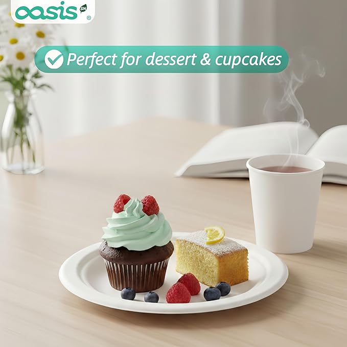 6 Inch 128 Pack Compostable Disposable Paper Plates, Small Dessert Plates, Heavy Duty Sugarcane Bagasse, Biodegradable Eco-Friendly, Perfect for Kids Meals & Parties, White