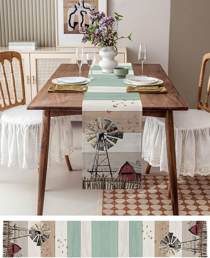 Farmhouse Windmill Table Runners 72 Inches Long, Cotton Linen Fabric Table - Image 6