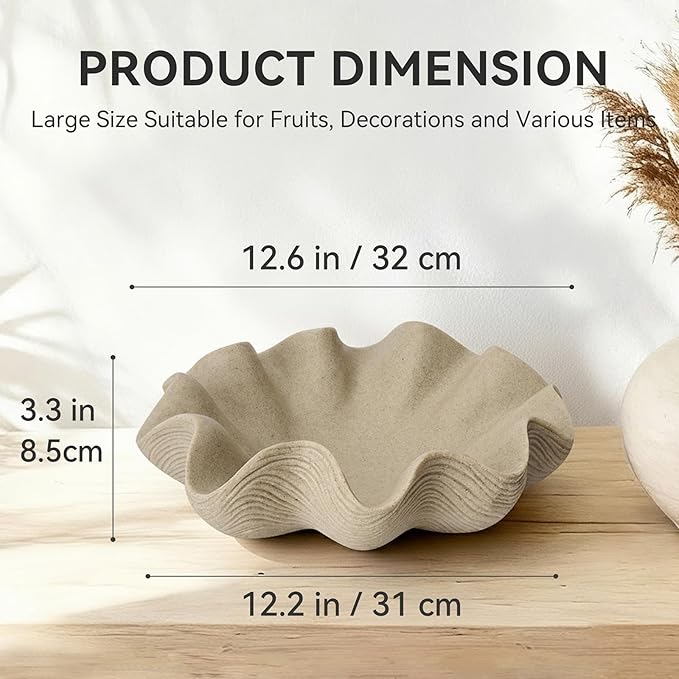 Scalloped Decorative Bowl Home Decor - 12.6" Modern Handicraft Large Shell Ruffle Decorative Fruit Bowl for Kitchen Counter, Chic Key Tray for Entryway Table, Artificial Stone Beige
