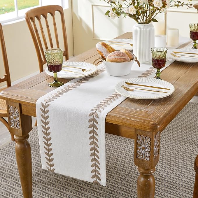 Wracra Embroidered Table Runner, Taupe Table Runners 60 Inches Long | Irregular - Image 2