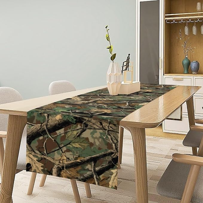 Forest Camouflage Table Runner, Camo Conifer Oak Branches Leaves Military Mossy - Image 2