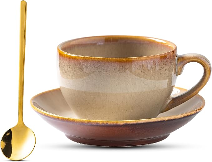 Porcelain Coffee Cup with Saucer Spoon, Vintage Design Ceramic Latte Art by Tvvtuww