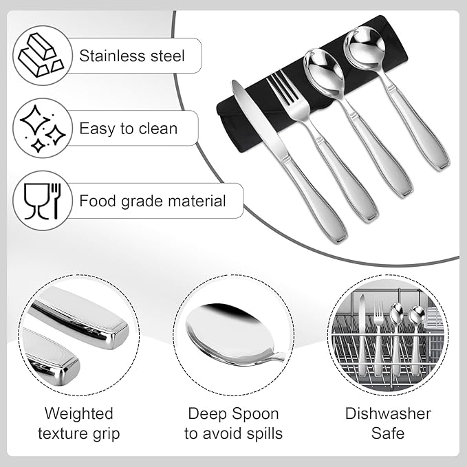 Weighted Utensils for Hand Tremors and Parkinson's Patients - 4 Piece Set of Heavy Stainless Steel Silverware for Elderly, Arthritis, Weak Hand Grip - Includes Knife,Fork,Spoons with Travel Bag,7 Oz