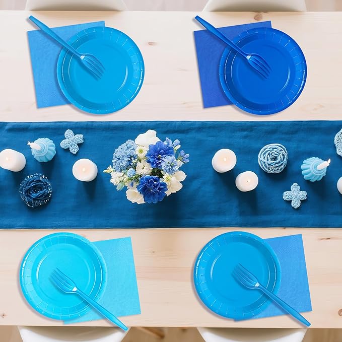 Serves 35 Guests Dusty Blue Plates and Napkins Party Supplies,7" Gradient Blue Birthday Dessert Paper Plates and Napkins,Disposable Party Dinnerware for Wedding,Graduation