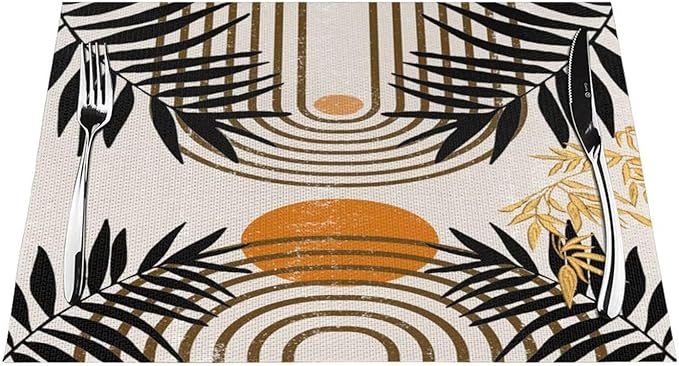 Vintage Mid Century Boho Placemats for Abstract Sun Bamboo Aesthetic Arch Curve Leaves Geometric Washable Place Mats 12x18Inch for Dining Kitchen Farmhouse Decor 6 PCS