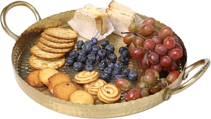 MyGift 12-inch Brass Metal Round Decorative Tray with Handcrafted Hammered Design, Large Centerpiece Display Serving Tray - Handmade in India