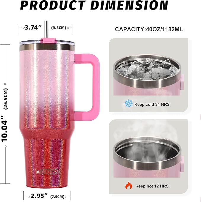 40 oz Shiny Tumbler with Handle and Straw, Stainless Steel Tumbler with Lid and - Image 2