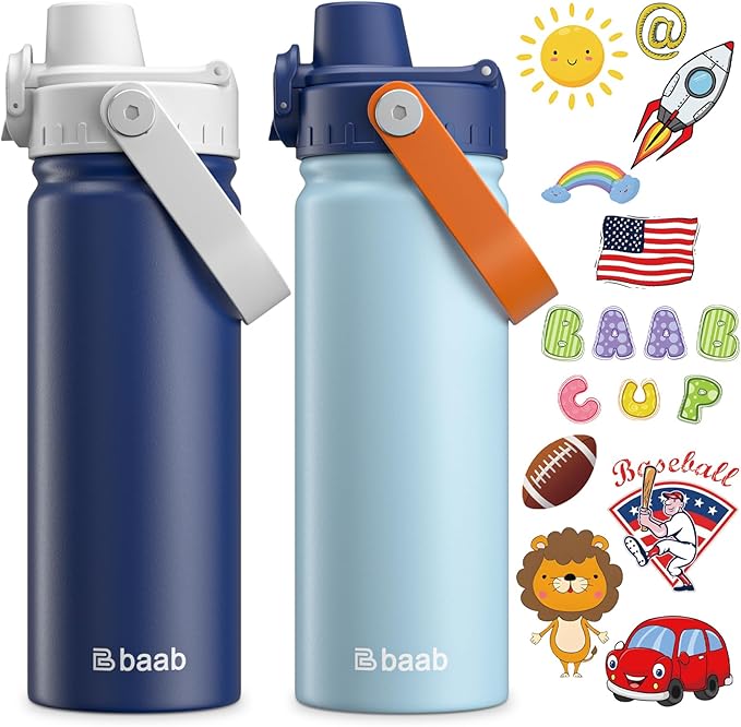 baab 18oz Kids Insulated Water Bottle 18/8 Stainless Steel Kids Cup 2 Pack | by baabKidWatterBottle
