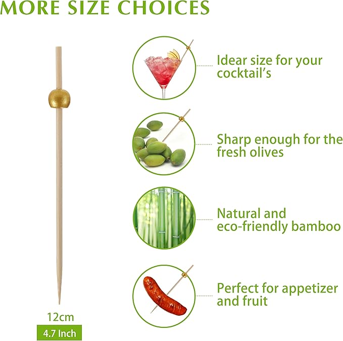 600 Pcs Cocktail Picks, 12 cm Toothpicks for Appetizers, Bamboo Cocktail Sticks Skewers for Drinks, Desserts, Charcuterie, Wedding Party Fancy Toothpicks, Gold Pearl Mini Food Picks Decorative