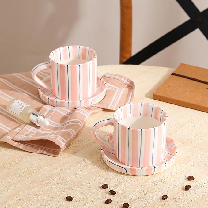 Hand-Painted Ceramic Coffee Mug and Saucer Set, 8 oz Artisan Striped Porcelain - Image 3