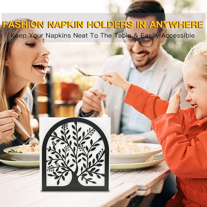 Napkin Holder for Tables, Vintage Metal Freestanding Tissue Dispenser, Black Cast Iron Vertical Tabletop Paper Napkin Holder Stand for Dinner Home Kitchen Restaurant Picnic Party (Tree of Life)
