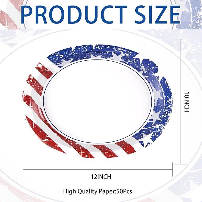 50Pcs Patriotic Oval Paper Plates 10" X 12" Large Heavy Duty Thank You Veterans Day Plates American Flag Patriotic Platters for Independence & Election Day 4th of July Independence Party Decorations