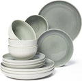 Stoneware Dinnerware Sets Service for 12, 36 pcs Reactive Glaze Plates and Bowls Sets, Handmade Ceramic Dish Set, Highly Chip and Crack Resistant Modern Plate Set, Gradient Green