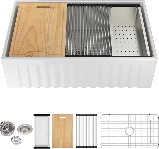Sarlai 30 White Farmhouse Kitchen Sink - 30x20 Inch Farm Kitchen Sink Reversible Design Ledge Workstation White Ceramic Porcelain Fireclay Farmer Sinks 10" Inch Deep Single Bowl Basin