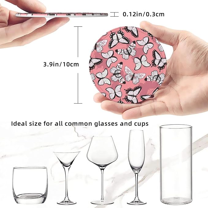 Drink Coasters with Holder Stand Set of 6, Butterfly Pattern Pu Leather - Image 3