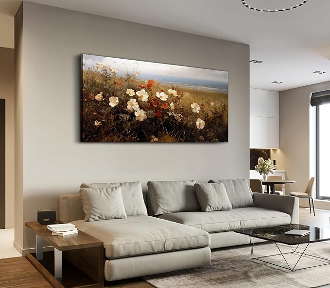 ADJUVANT Wall Art Vintage Coastal Wildflower Field 40"L x 20"W, Seaside Meadow With White And Orange Blooms Canvas Painting Nature Artwork Retro Floral Prints Botanic Wall Decor for Living Room Bedroom