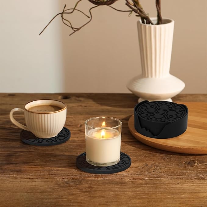 Black Silicone Coaster with Holder, 4 Inches Modern Bar Coasters Set of 6 for Desk, Tabletop Non Slip Decorative Cup Mat for Coffee, Drinks, Beer, Beverage - Dishwasher Safe