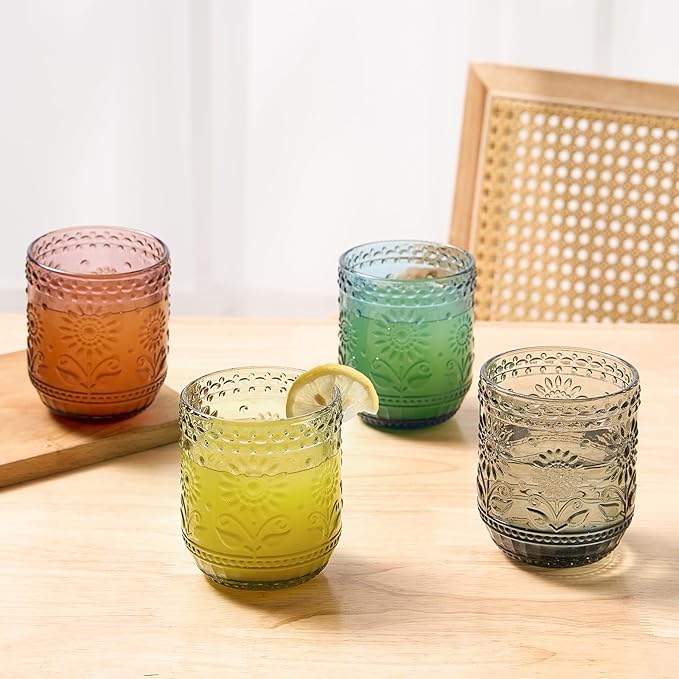 4 Pack 12 Oz Vintage Glassware Drinking Glasses Set, Embossed Floral Decorative Glassware Set for Whiskey, Beer, Juice, Wine（Multicolor）