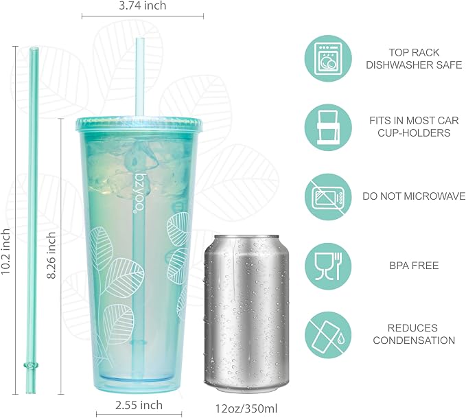 bzyoo 24oz Plastic Tumbler Cup, Lid & Straw, Iced Coffee, Pearl Green Leaf - Image 7