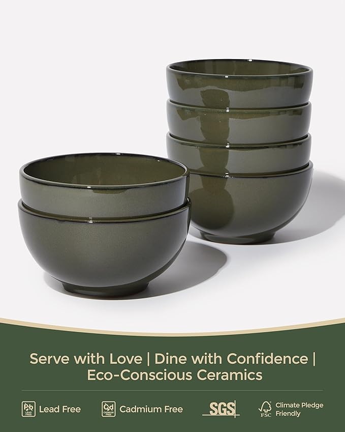 5.3" Cereal Bowls & Dessert Bowls Set of 6-20 Oz Small Bowls for Kitchen-Ceramic Bowl for Cereal, Soup, Oatmeal, Salad, Ramen, Noodle, Rice, Yogurt-Dishwasher & Microwave Safe, Blackish Green