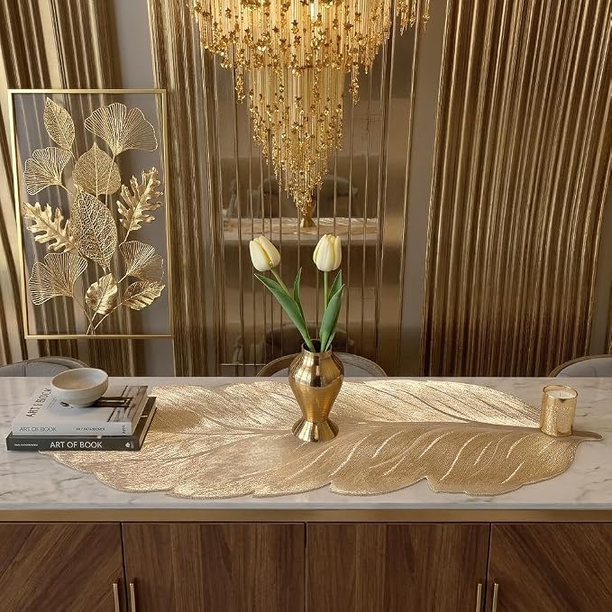 FAVE Gold Small Table Runner 36 Inch Dresser Vinyl Runner | Heat Resistant - Image 4