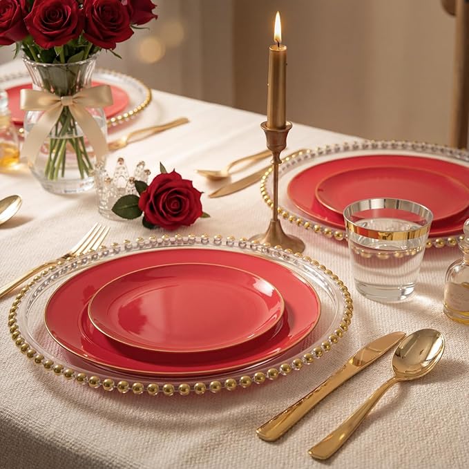 WDF 150Pcs Red Plastic Plates - Red Plates Disposable - 25Guest Christmas Dinnerware Include 25 Dinner Plate, 25 Dessert Plate, 75 Cutlery & 25 9oz Cups for Parties Valentine's Day