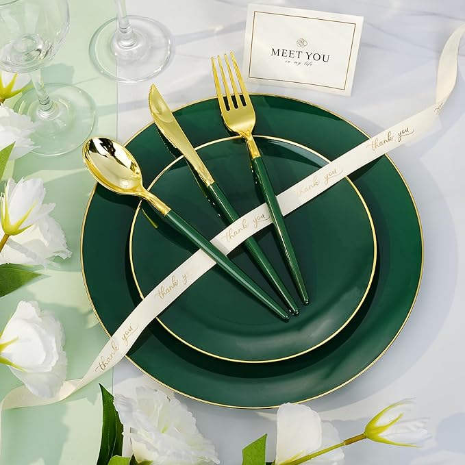 100 PCS Green Gold Plastic Plates, 7 inch Green Disposable Plates for Party, Disposable Dessert Plates for Party, Graduation, Birthday, Wedding