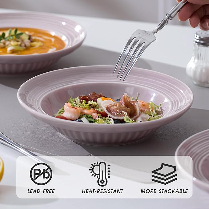 Wide Rim Soup Bowls, 11oz Small Capacity Rimmed Pasta Bowls Set of 4, 8 Inch Ceramic Salad Bowl, Shallow Plates, Elegant Dinner Cereal Serving - Microwave Dishwasher Oven Safe - Purple