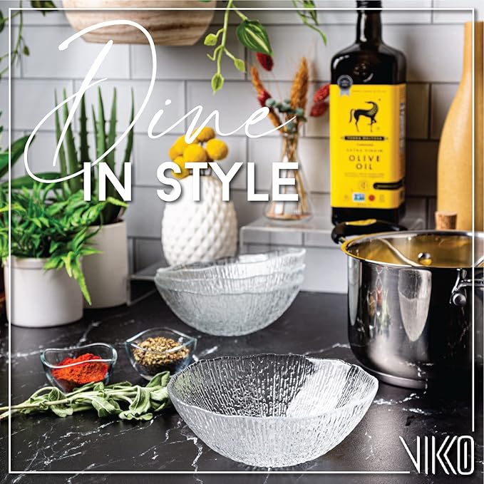 Vikko Soup Bowls, 6.5 Inch Salad Bowls, Glass Soup Bowls, Elegant Textured Glass Bowls, Set of 6, Dishwasher Safe