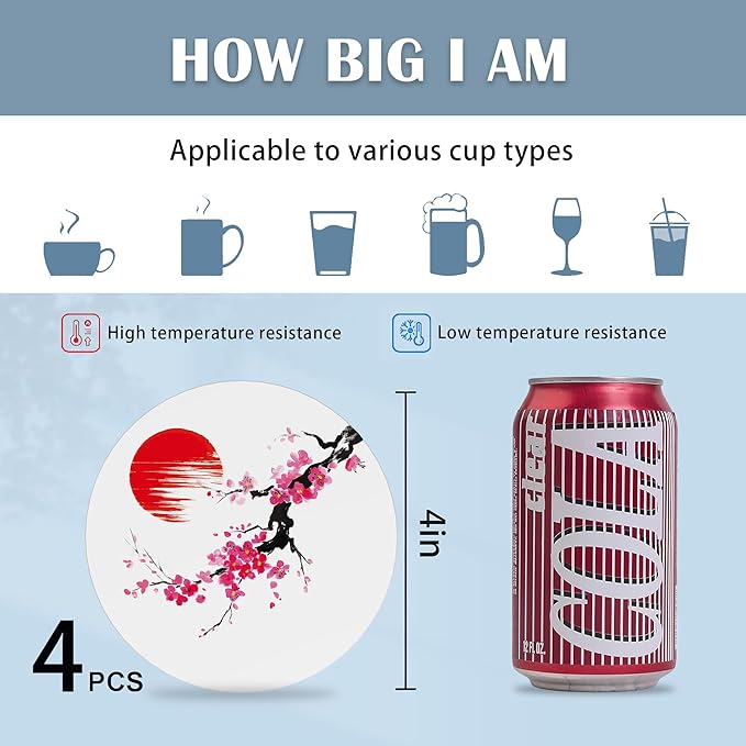 Drink Coasters Set of 4,Cherry Blossom Japanese Painting Coasters for Drinks Ceramic Coasters with Cork Bottom for Kinds of Mugs and Cups,Home Decor,4''
