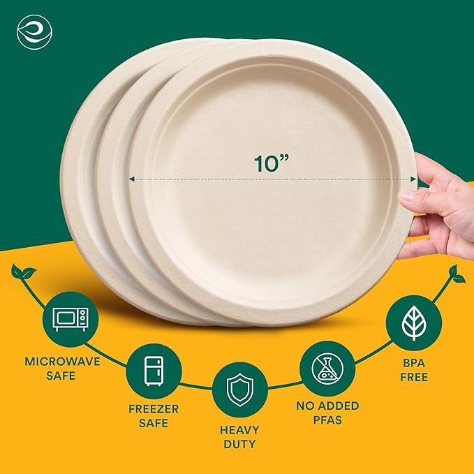 ECO SOUL 100% Compostable Paper Plates 10 Inch [100-Pack] Biodegradable Heavy Duty Eco-Friendly Disposable Plates for Dinner, Parties, Wedding & Event