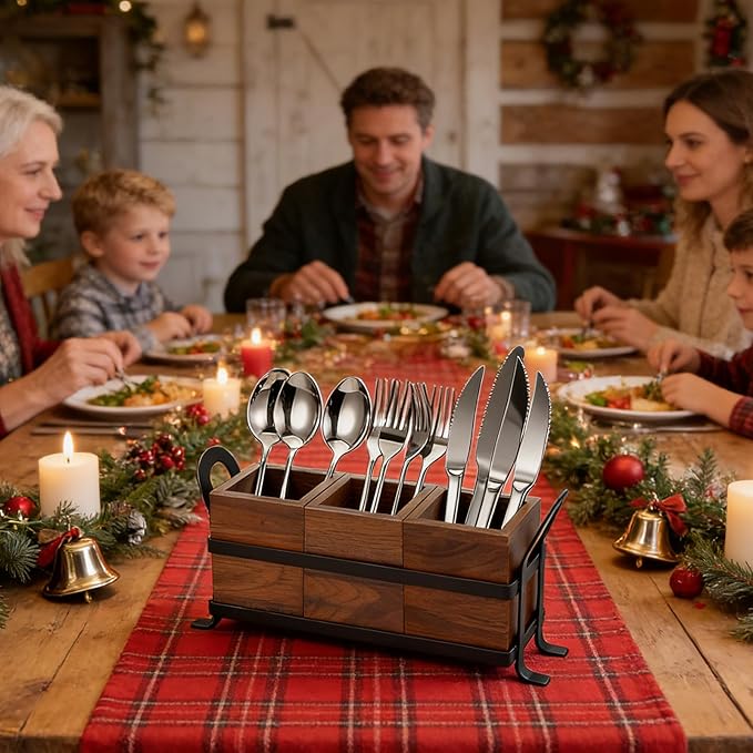 Wooden Utensil Holder with Drain Holes - 3 Compartments Farmhouse Kitchen Utensil Caddy Silverware Holder, Black Metal Tray Flatware Organizer for Spoons Forks Knives (New Improved Version)